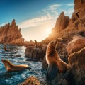 South American Sea lions relaxing on rocks of Ballestas Islands in Paracas National