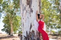 South American woman, young, beautiful, brunette with red dress and white wings, leaning on a tree trunk, in sensual and