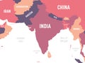 South Asia map. High detailed political map of southern asian region and Indian subcontinent with country, ocean and sea