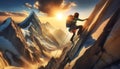 South Asian Female Climber Ascending a Snow-Covered Mountain at Sunrise with Ample Copy Space. Generative AI