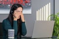 South Asian woman having a stressful business call in headphones at a desk in home office