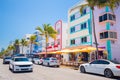 South Beach, Miami Beach, Ocean Drive Street, Architectural Monuments of Art Deco. Hotels and restaurants. Royalty Free Stock Photo