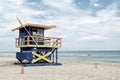 South Beach, Miami, Florida, lifeguard house in a colorful Art Deco style on cloudy blue sky Royalty Free Stock Photo
