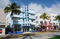 South Beach, Miami, Florida, U.S.A - February 18, 2022 - The white and blue building of Colony Hotel on Ocean Drive Royalty Free Stock Photo