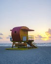 South Beach Miamia Florida, beach hut lifeguard hut during sunset Royalty Free Stock Photo