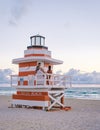 South Beach Miamia Florida, beach hut lifeguard hut during sunset Royalty Free Stock Photo