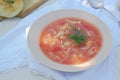 South borsch without beetroot, hot soup with tomatoes, cabbage and sweet red pepper. Served with unsweetened wheat buns with Royalty Free Stock Photo