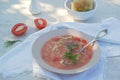 South borsch without beetroot, hot soup with tomatoes, cabbage and sweet red pepper. Served with unsweetened wheat buns with Royalty Free Stock Photo