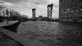 South Branch Chicago River. View from Ping Tom memorial park. Black and white.