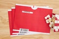 Editorial image of Netflix red mailing envelopes with popcorn