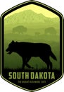 South Dakota vector label with coyote and a family of bison on the prairie