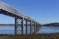 The South Esk Rail bridge crossing the South Esk River during the ebbing tide at the Montrose Basin Royalty Free Stock Photo