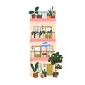 South Europe house. Spanish apartment building with balconies, outdoor plants. Cozy summer home facade, exterior, Spain