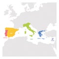 South Europe Region. Colorful map of countries in southern Europe around Mediterranean Sea. Vector illustration