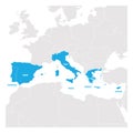 South Europe Region. Map of countries in southern Europe around Mediterranean Sea. Vector illustration