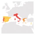 South Europe Region. Map of countries in southern Europe around Mediterranean Sea. Vector illustration