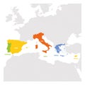 South Europe Region. Map of countries in southern Europe around Mediterranean Sea. Vector illustration Royalty Free Stock Photo