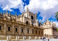 South facade with Prince Door Rose window towers gothic Seville Cathedral. Seville, Andalusia, Spain.