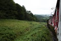 Outside of a Train a Hiker Roams a Mountain