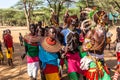 SOUTH HORR, KENYA - FEBRUARY 12, 2020: Group of Samburu tribe young men and women dancing wearing colorful headpieces