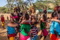 SOUTH HORR, KENYA - FEBRUARY 12, 2020: Group of Samburu tribe young men and women dancing wearing colorful headpieces