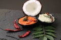 South indian coconut chutney with curry leaves and red chillies