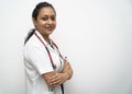 A south Indian female doctor in 30s with white coat and red stethoscope in white background