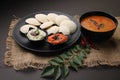 South indian food idli sambar or sambhar podi coconut chutney with curry leaves and red chillies Royalty Free Stock Photo