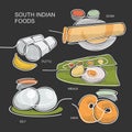 South Indian Foods collection with names. Dosa, Puttu, Sadya, Idli and Medu Vada. Lines and dots illustration