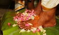 South Indian Hindu Wedding tradition, Bridal Legs with flowers ceremonial