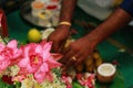 South Indian hindu wedding rituals with colorful flowers. Royalty Free Stock Photo