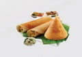 South Indian Masala Dhosa or dosa served with sambhar  coconut chutney  red chutney and green chutney  South Indian Breakfast Royalty Free Stock Photo