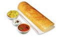 South Indian Masala Dhosa or dosa served with sambhar, coconut chutney, red chutney and green chutney, South Indian Breakfast