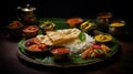 South Indian Meal on Banana Leaf, Dark Background Royalty Free Stock Photo