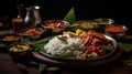 South Indian Meal on Banana Leaf, Dark Background Royalty Free Stock Photo