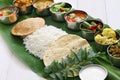 South indian meals served on banana leaf Royalty Free Stock Photo