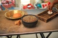 ragi malt, finger millet porridge served in a traditional mud pot served closeup