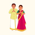 South Indian Tamil Nadu Wedding Couple Greeting Namaste In Traditional Dress Against Cosmic Latte