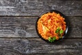 Indian tomato rice with chicken, copy space