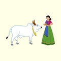 South Indian Young Lady Worshipping The Bull Animal On Pastel Yellow
