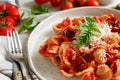 South italian pasta orecchiette with tomato sauce and cacioricotta cheese Royalty Free Stock Photo