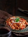 South italian  pasta orecchiette with tomato sauce and cacioricotta cheese Royalty Free Stock Photo