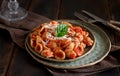 South italian  pasta orecchiette with tomato sauce and cacioricotta cheese Royalty Free Stock Photo