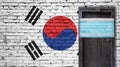 South Korea flag painted on brick wall and closed door with medical mask protected Royalty Free Stock Photo
