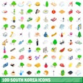 100 south korea icons set, isometric 3d style