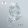 South Korea map and flag separate region, Korean names Hangul fonts, glass blue card 3D Royalty Free Stock Photo