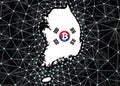 South Korea map silhouette, on black background with digital blockchain grid and bitcoin signs. South Korea Digital Currency