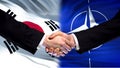 South Korea and NATO handshake, international friendship, flag background