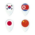 South Korea, North Korea, Japan, China flag location map pin icon Royalty Free Stock Photo