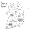 South Korea outline doodle illustrated map. The most famous Korean landmarks, temples and buildings.